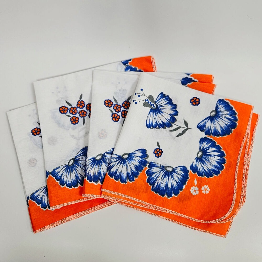 Vintage Mod Floral Cloth Napkins | Set of 4 MCM Orange and Cobalt Blue 1960s/70s